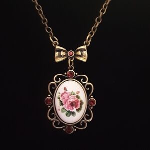 Handmade Rose Cameo and Bow Necklace
